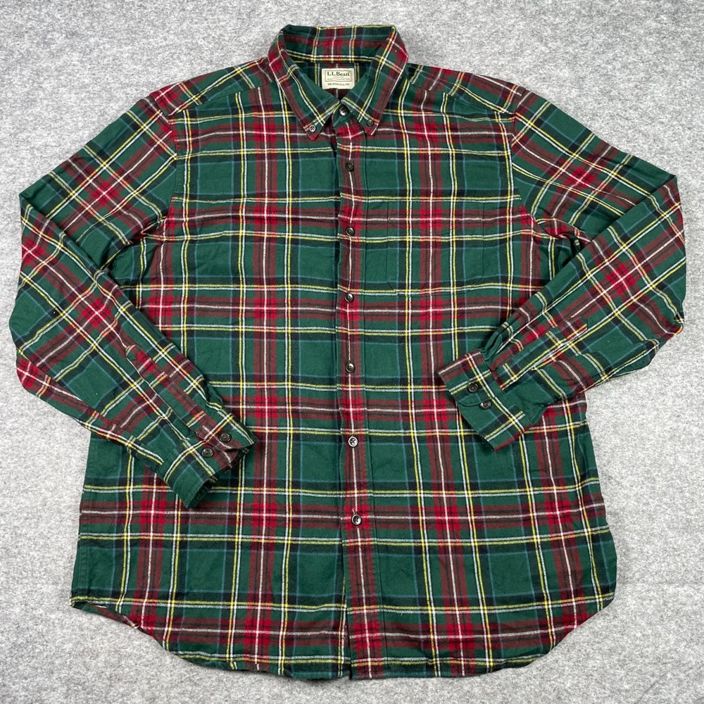 L.L. Bean Flannel Shirt Mens L Green Red Tartan Plaid Traditional Fit Outdoor